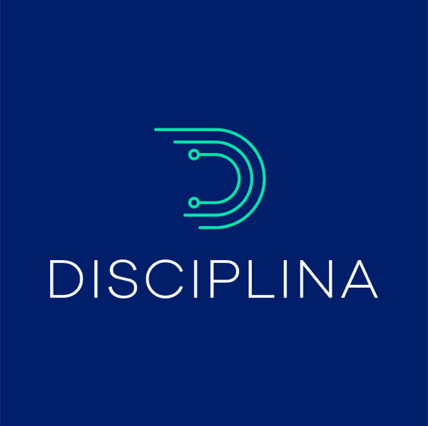 A Disciplina Logo above a dark blue background with a stylized letter “D” shaped with lime-green curved lines.