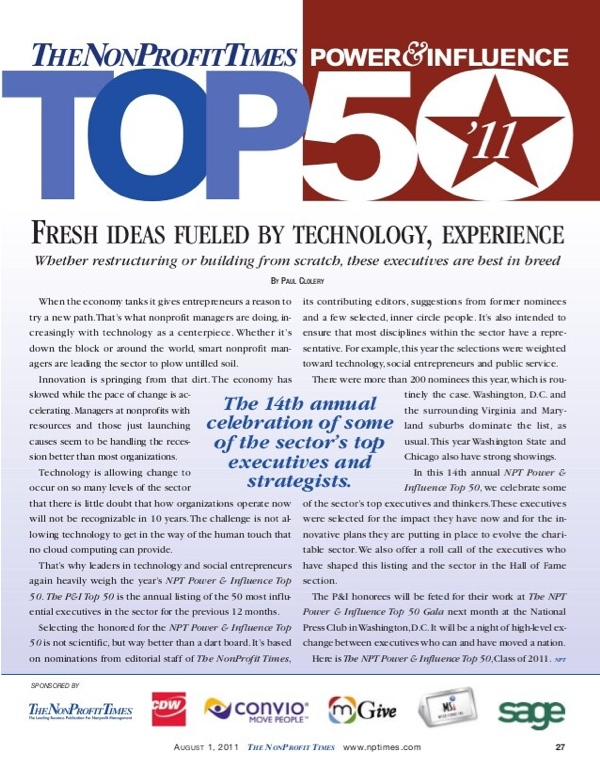 The front page from The Non Profit Times’ Power and Influence Top 50 List from 2011.