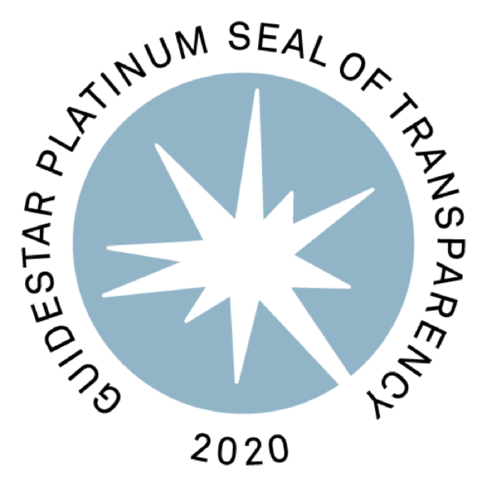 A seal with an amorphous polygon in the center, with the text “Guidestar Platinum Seal of Transparency 2020” surrounding the seal.