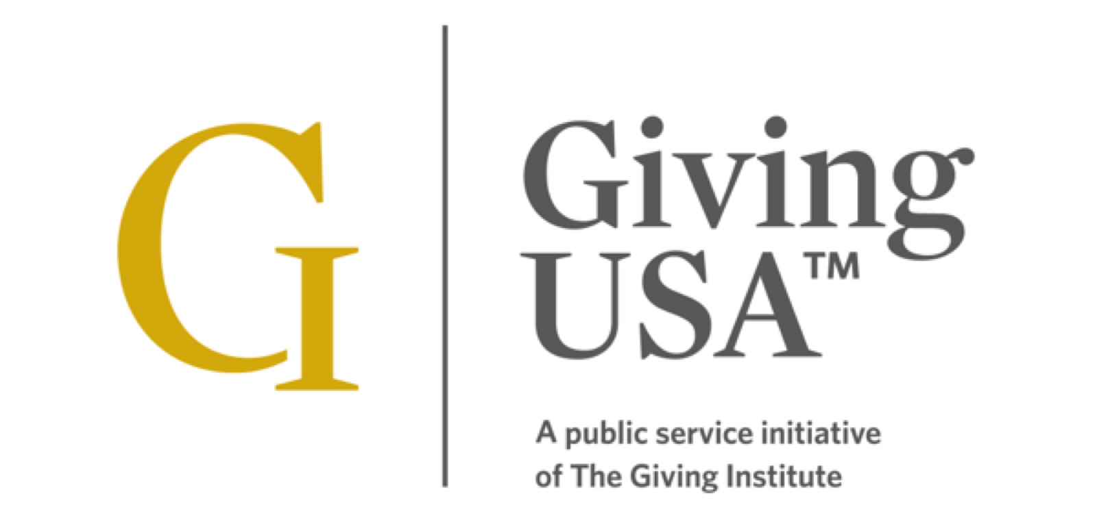 Giving USA’s logo with an large, orange, serif-typeface “G” to the side and text beneath reading “A public service initiative of The Giving Institute.”