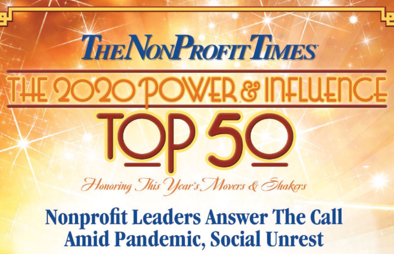 A banner promoting the Non-Profit Times’ Power and Influence Top 50 list for 2020, with gold and white sparkles in the background.