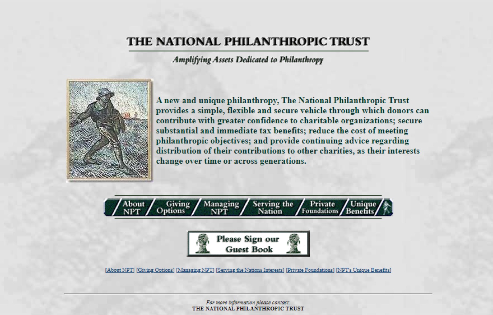 The front page of National Philanthropic Trust’s legacy website featuring the organization’s mission statement and listing the services NPT offers.