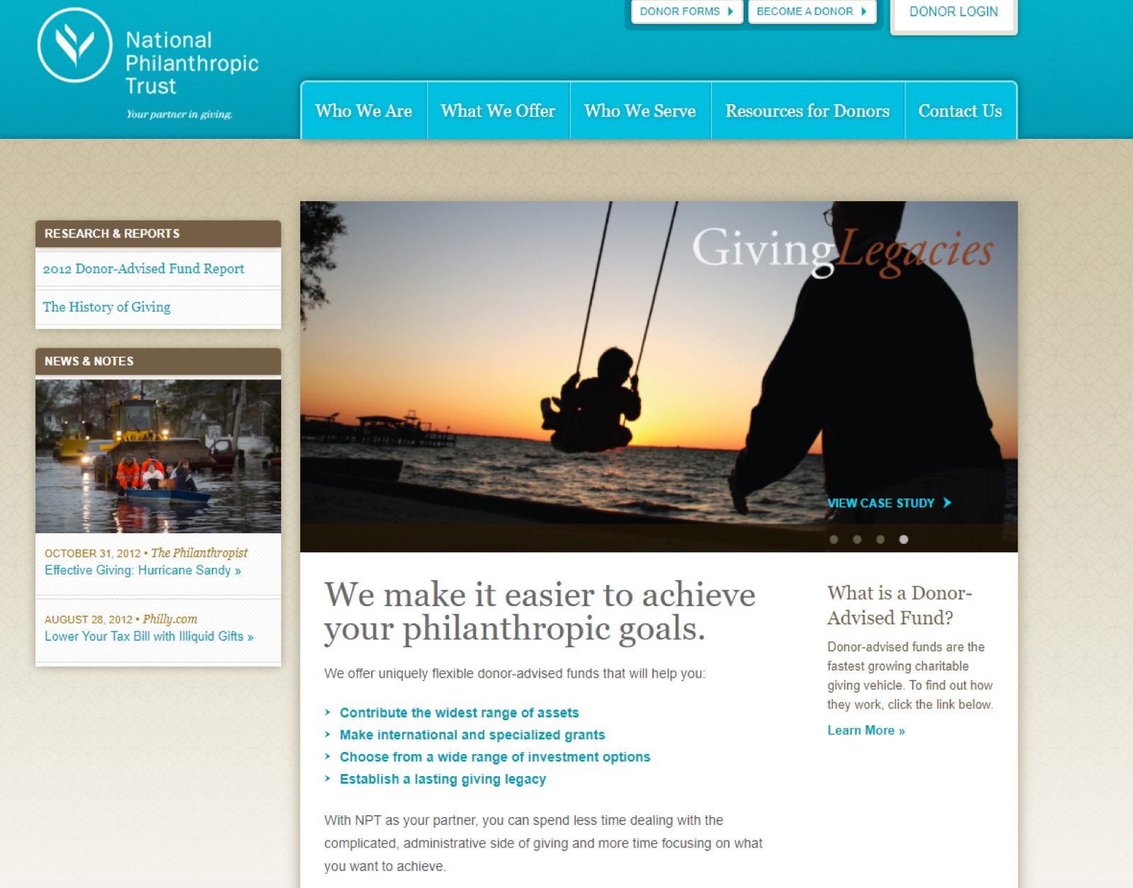 Screenshot from the Giving Legacies page of the 2012 version of the NPT website.