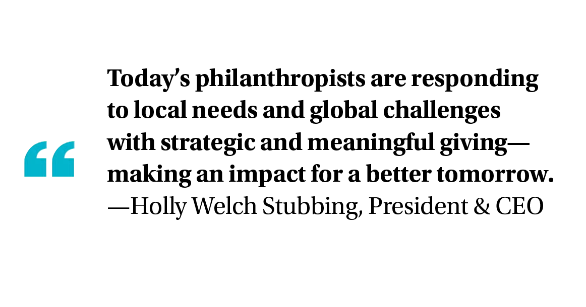 "Today's philanthropists are responding to local needs and global challenges with strategic and meaningful giving—making an impact for a better tomorrow." Quote attributed to Holly Welch Stubbing, President & CEO of National Philanthropic Trust